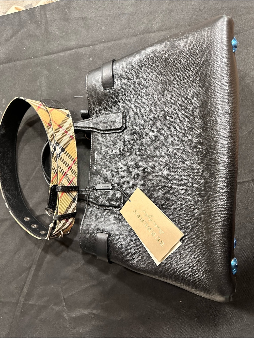 Burberry Black Leather Tote with Vintage Check Strap